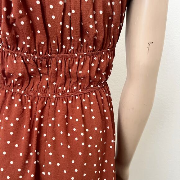 [ASOS] Brown White Polka Dot Print Babydoll Shirred Puff Sleeve Mini Dress Sz 14 - Picture 7 of 11